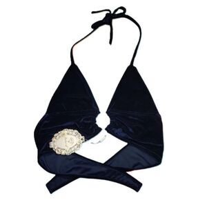 Malianna Velvet Halter Top Small Blue 95% Polyester 5% Spandex Ring Detail
